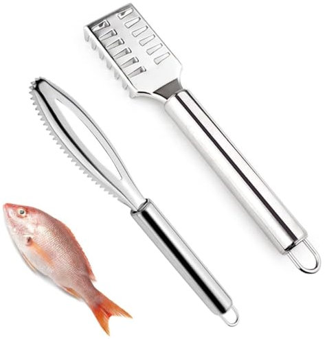 KOMUNJ 2 unidades de descamación de pescado de acero inoxidable, pelador de pescado, removedor de escamas de pescado, rascador de escamas de pescado, para limpieza rápida, piel de pescado para cocina
