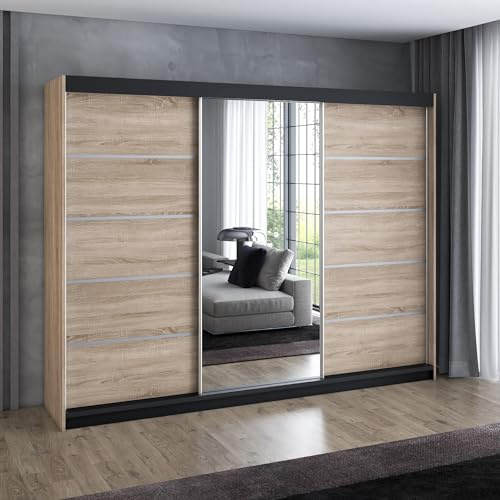 A&J MöbelLand Schwebetürenschrank VILUNO 3 Kleiderschrank 3-türig 200 cm mit Spiegel, 4 Schubladen & 2 Kleiderstangen, Geräumiger Schlafzimmerschrank (Sonoma)