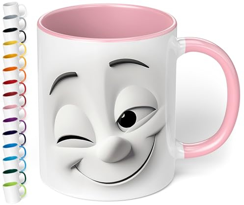 True Statements Emotion Büro Keramik-Tasse „Zwinkerndes Gesicht“ - 330ml Kaffeebecher - Face Mug - Geschenke für Kollegen (Rosa)