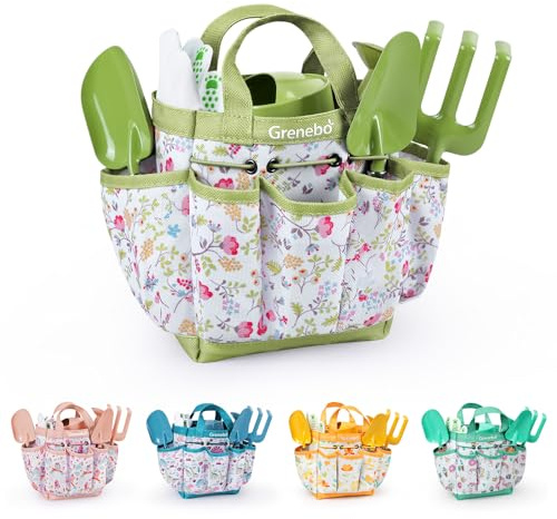 Kids Gardening Set Toys, Quality Garden Tool Kit for Kids and Toddlers, Includes Two Shovels, Garden hat,Rake, Apron,Gloves, Watering Can, and Tool Bag (Green)