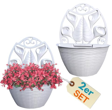 GarPet 2er Set Blumentopf Wand Blumentopf Wandmontage Wandblumentopf Wandvasen für Pflanzen Pflanzen Wandhalterung Wandtopf Außenbereich 32 cm Weiß Rattan Optik