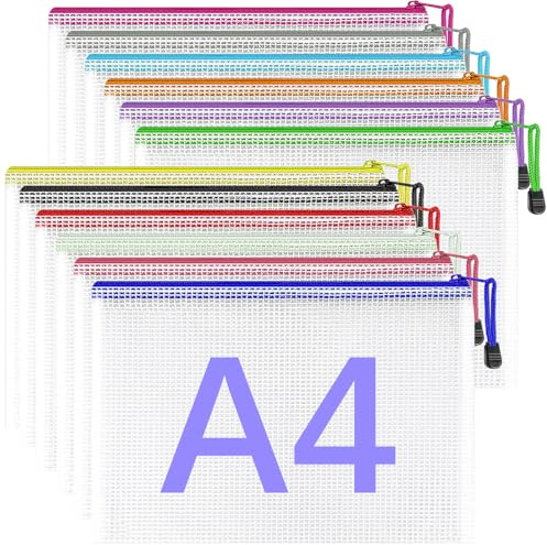 GESDYO 12 Stück A4 Kunststoffhüllen mit Reißverschluss, transparente Kunststoffhüllen mit Reißverschluss, für Dokumente, geeignet für Schule, Büro, Reisen, Zuhause, alle Arten von
