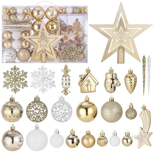 Lot de 121 Pièces Boule de Noel Or et Blanc, Decoration Noel Sapin à Suspendre, Décoration Sapin de Noël Incassable, Boules de Noel avec Etoile de Cime d'arbre Noel Plastique, pour Deco Noel, Ø3/4/6cm