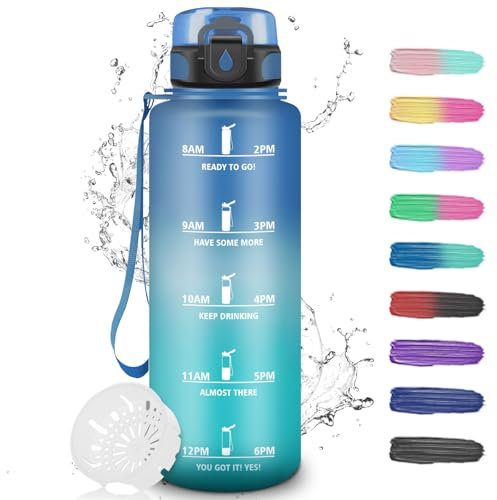 Grsta Wasserflasche 1.5 liter, Trinkflasche Sport mit Filter, Wasserflasche mit Uhrzeit, Water Bottle, Leicht zu Reinigen, Trinkflasche Auslaufsicher, für Fitness, Wandern, Camping, Blau-Grün