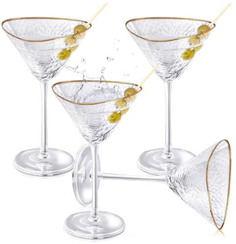 Teenyyou Martini Glasses Set of 4, Elegant 9 oz Cocktail Glasses with Gold Rim and Stem for Bar Margarita Whiskey Gin Tequila Wedding Housewarming Gift Celebration Party(Ice Crackle)