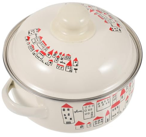 Garneck 18cm Red Enamel Soup Pot Lid, Portable Small Enamel Cooking Pot for Outdoor Picnic and Kitchen Use, Retro Double Handle Enamelware for Stovetop and Camping