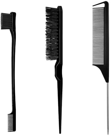 3 Pcs Slick Styling Hair Brush Set with Double Sided Edge Brushes, Bristle Brush, Metal-Pin Rat Tail Comb,Teasing Combs Set for Hairdresser Women Baby Children - Black