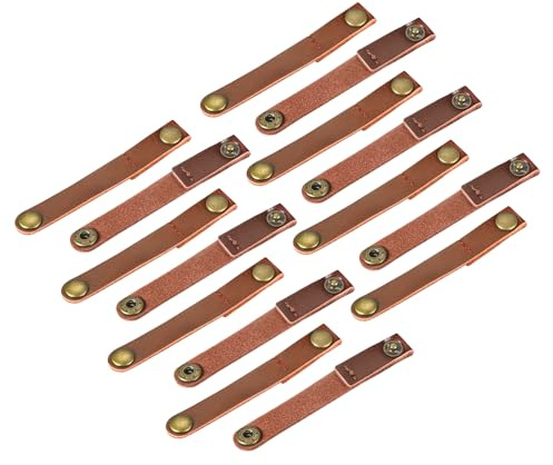 sourcing map Pack of 15 Leather Cable Straps Cord Organizer 90x12mm Portable Cable Leather Clips Light Brown Earphone Cord Management for Cable, Wire