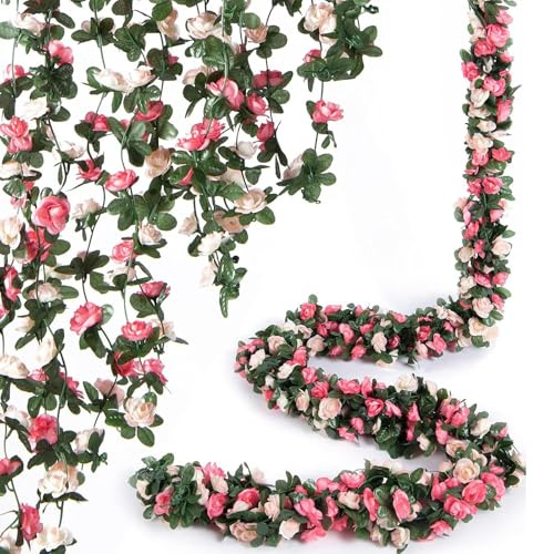 LaresDay 2 Stück Rosenblütengirlande 2,4 Meter mit 45 Blüten - Künstliche Seidenblumen Hängend für Hochzeitsbogen, Gartendekoration, Balkon, Wohnzimmer, Wandgestaltung, Bürodécor (Rosa)