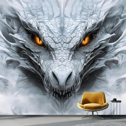 Non-Woven Wallpaper 200 x 140 cm Fantasy Wind Dragon Head 3D Art Photo Wallpaper Wall Mural Home Poster Decoration Silver Dragon's Eyes Murals Wall Art Print for Living Room Kids Bedroom