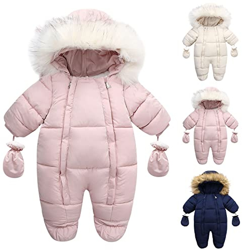 YCBMINGCAN Mono de invierno para bebés recién nacidos con doble cremallera, mono de nieve acolchado incl. guantes y patucos desmontables, unisex para niños y niñas, #01-rosa, 12-18 meses