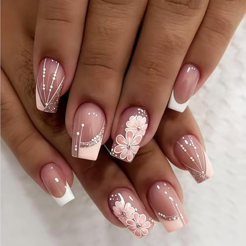 AuraFusion 24PCS Rosa Blumenmuster Press On Nägel - Nägel zum Aufkleben, Jelly Gel Trage Set, Kreative Falsche Nagelspitzen, Press On Nägel Kurz