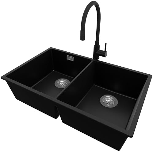 PRIMAGRAN Fregadero bajo Encimera al Mueble 80cm + Grifo, 76x47cm | Set: Grifo BW6020 + Kit de desagüe (sifón, válvula, rebosadero) + London Twin 2 Senos Granito, Negro