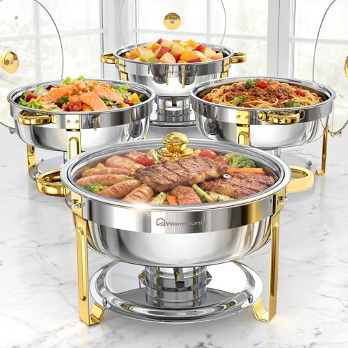 WARMOUNTS 6L Chafing Dish 4er Set Silber & Gold, Runder Speisenwärmer Edelstahl mit Glasdeckel, Stapelbarer Warmhaltebehälter Buffet Rechaud mit Deckelhalter für Gastronomie, Party, Hochzeit