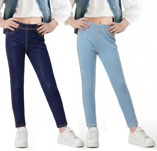 Baogaier Filles Leggings, Respirant Jeggings, Lot de 2, Élastique Denim Jeans Skinny Leggings Printemps Automne Léger Pantalons Enfants Vêtements pour 6-7 Ans, Bleu Clair&Bleu Marine