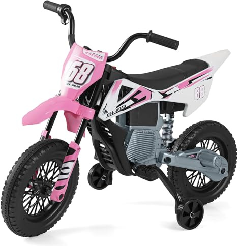COSTWAY 12 V Elektrisk Barnmotorcykel med Fotpedaler, Avtagbara Stödhjul, Musik, Motorcykel för Pojkar och Flickor från 3 År Rosa