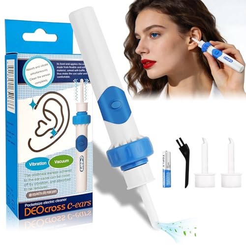 Ohrenschmalz Entferner Sauger,Vibrations-Vakuum-Oroclear Ohrenschmalz-Sauger mit Doppelwirkung,Ohrenschmalz Sauger mit 2 waschbaren Ersatzköpfen und Batterie,geeignet für Erwachsene und Kinder-Blau
