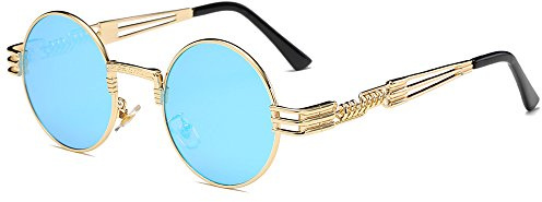 BOZEVON Biograf retro steampunk stil inspirerad runda metall cirkel solglasögon för kvinnor och män, Guld (ram)-blå spegel (lins), 51