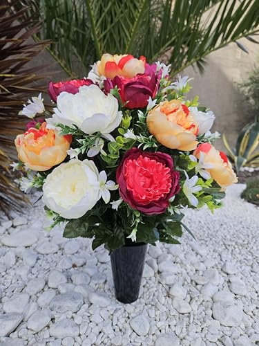 Roselynexpress Composition De Fleurs Artificielles en Cône Lesté Ciment pour Une Parfaite Tenue De Ce Bouquet De Fleurs Plus Besoin De Sable Ce Vase en PVC Se Dépose dans Votre Vase Funéraire.