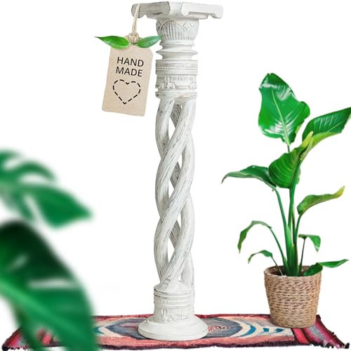 Livasia colonne en bois de Bali, piédestal, support pot, colonne décorative, faite main et durable, avec un look antique, blanc (60 cm)