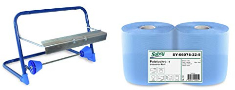 2 x blaue saugstarke Papierrolle mit Wandhalterung, 1000 Blatt, 22x36 cm | 2-lagige perforierte Papiertücher | für Industrie, Werkstatt und Restaurant | Durchmesser 25 cm