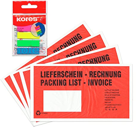 WPTrading - 1.000 x Lieferscheintaschen 228 x 120 mm in DIN-LANG Rot Lieferschein/Rechnung aus Pergamin-Papier inkl. 125 Page-Marker - Begleitpapiertaschen Dokumenten-Taschen selbstklebend