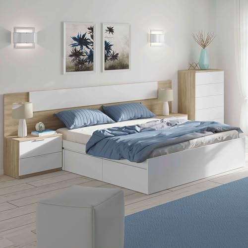 Miroytengo Habitación Matrimonio Completa Color Roble Y Blanco Estilo Nórdico (Cama + Cabecero + 2 Mesitas + Cómoda)