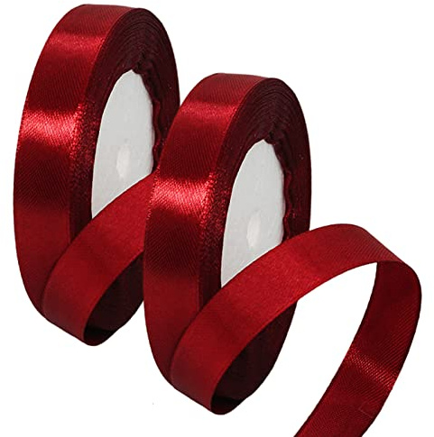 2 x 15mm Wide Dark Red Ribbon Red Christmas Ribbon for Gift Wrapping 22m, 3/5 inch Thick Burgundy Satin Ribbon for Christmas Cake Xmas Gift Wrapping Bow Bouquet Crafts Decorations