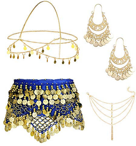 Kakonia 4 Sets Bauchtanz-Accessoires für Frauen, Bauchtanz-Hüfttuch, Wickelgürtel, böhmische Goldmünzen-Ohrringe, Kopfbedeckung, Haarkette, Quaste, Fußkettchen-Armband für Frauen Blau
