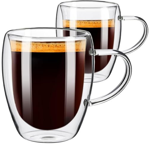 ParaCity Juego de 2 Tazas de Capuchino, Vaso de Latte Macchiato de 350 ml, Vaso de Doble Pared con asa, Taza de Espresso de Cristal de Borosilicato, Taza de Café Apta Para Lavavajillas