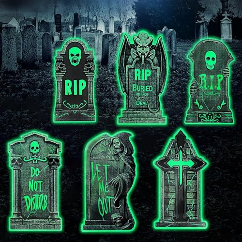 JOKILY 6 st Halloween gravsten, lysande gravsten, RIP-kyrkogård, skrämmande dekoration, skelett
