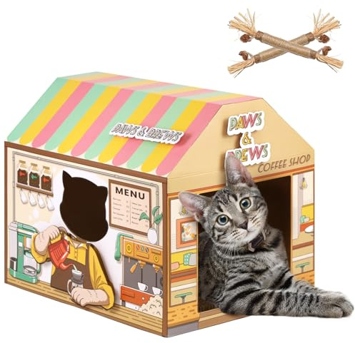 SEKAM Casetta per gatti in cartone con tiragraffi/erba gatta, (41,5 x 30,5 x 38,1 cm), negozio di ciambelle per gattini, per interni ed esterni, decorazione per la casa e la casa, giocattolo per gatti