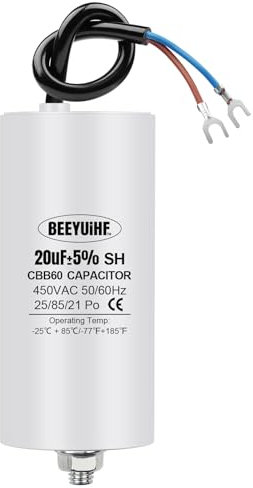 BEEYUIHF CBB60 Condensateur de Démarrage 20µF Moteur condensateur 50 / 60Hz 450VAC 20uF avec fil Câble vis M8 pour moteur électrique/sèche-linge Taille 45x95mm