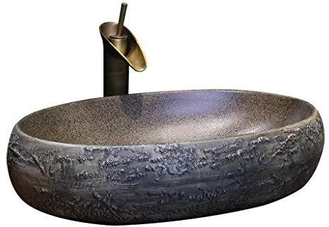 FEELIN Lavabo sobre Encimera Lavabo de tocador de baño Lavabo de cerámica Ovalado Lavabo de encimera de Arte Lavabo de tocador de hogar con Grifo Baño Pila de Lavar