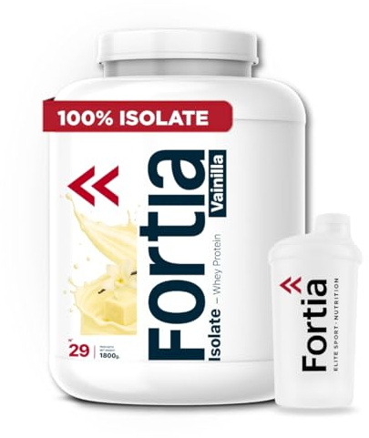 FORTIA Whey Protein Isolate 100% 39 g/dosis+ Shaker – Proteina Isolada de Suero Premium Hecha en España | Proteína Alta en BCAA, Leucina y Glutamina | Mejora Masa Muscular | Vainilla 1800g