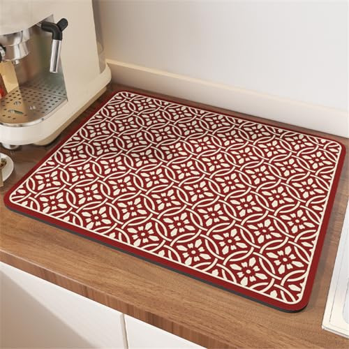 Morbuy Tappetino Scolapiatti, Assorbente Tappetini Lavello per Cucina Bancone, Boemia Stampa di Piastrelle Scolapiatti da Lavello Asciugatura Rapida Sgocciolatoio per Lavello (30x40cm,Rosso)