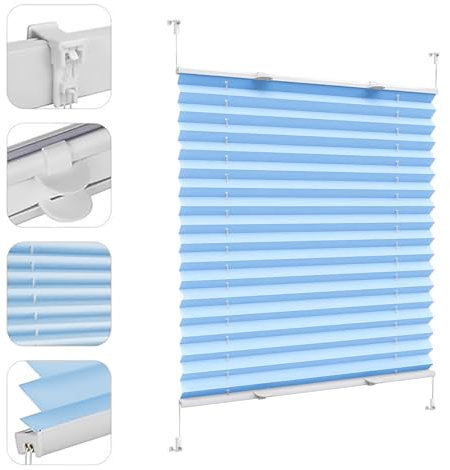 plissee verdunklung, 20 x 30 cm UV-Schutz Sonnenschutz, Rollos für Fenster ohne Bohren ohne Bohren zum Kleben, für Fenster & Balkontür, Himmelblau