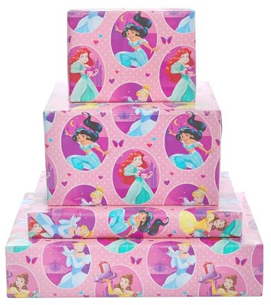 UK Greetings Geschenkbögen & Geschenkanhänger Multipack für Mädchen/Kinder | Geschenkverpackungsset | Geburtstag/Hochzeiten/Muttertag | Disney Princess Design | 6 Stück | 49 x 69 cm