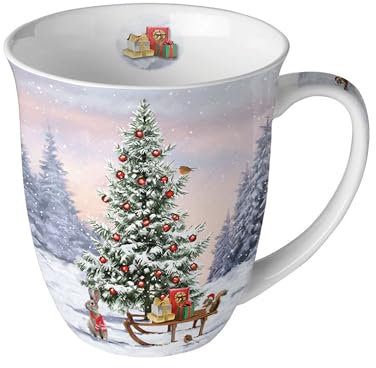 Ambiente Tasse 0,4 l Becher Kaffeetasse Teetasse Fine Bone China Porzellan winter animals Winter Weihnachten Advent Tannenaum Tierel