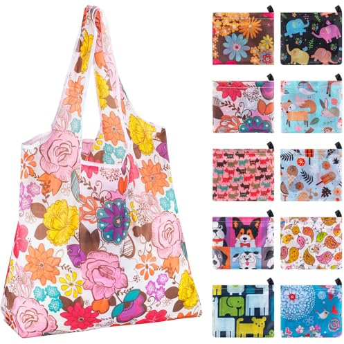 Dyserbuy 10pcs Large Reusable Shopping Bags, Folding Shopping Bag, Waterproof Tote Shopping Bag, Washable Grocery Bags Foldable in Pouch, for Daily Shopping Groceries, Travel, Outdoors Storage