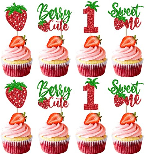 Xsstarmi 24 Pack Strawberry One Cupcake Toppers Glitter Sweet One Cupcake Picks Berry First Birthday Decor for Strawberry Fruit Theme Baby Shower 1st Birthday Party Cake Decorations