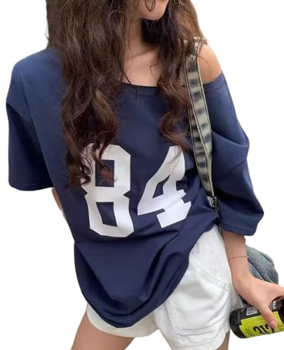 Una Spalla Oversize Tshirts Manica Corta Y2k Baby Tees Estate Crop Top Jersey off Shouder Graphic Tee Donne, Blu, Taglia Unica