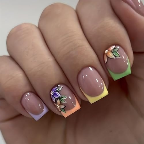 Irikdescia 24 Stück Kurze Eckig Französischer Press On Nails, Bunte Farbspitzen Mit Blumenmuster Nägel Zum Aufkleben, Süß Und Glanzoberfläche Fake Nails