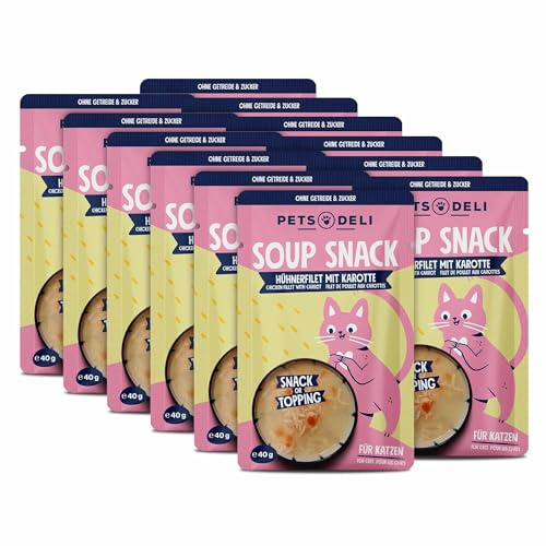 Pets Deli Suppe für Katzen mit Huhn & Karotte, 12x40g | Hoher Anteil Hühnerfilet, mit Karotte für pflanzliche Ballaststoffe, getreidefrei, ohne Zucker, Premium Qualität