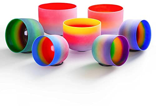 Juego De Cuencos Tibetanos De Cristal De Cuarzo Esmerilado Arcoíris De 6 A 12 Pulgadas, For Yoga, Sanación Con Sonido, Limpieza Con Cristales, Meditación, Con Percutor De Gamuza Y Mazo De Goma(432Hz)