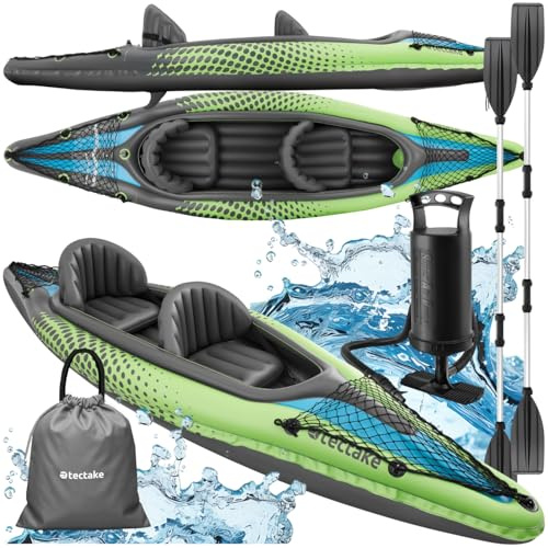 tectake® Kayak Gonfiabile per 2 Persone, 2 Remi, 2 Pinne Inseribili, 3 Camere d'Aria, Pompa a Doppio Effetto, Sedili Rimovibili, Reti di Trasporto, Kit di Riparazione - Verde