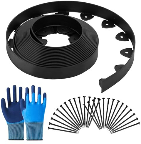 bechoanigel Bordure de Pelouse Flexible en Plastique avec Piquets d'ancrage et Paire de Gants, Hauteur 5 CM, Bordure Jardin Exterieur de Parterre, Pavés, Palissade (Noir-10M)