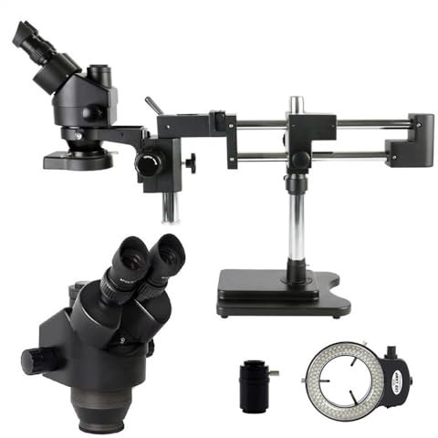 Microscope Accessories Kit 7X-45X l Parfocal Stereo Trinocular Microscope w/Double Arm Rotating Boom Heavy Duty Stand for Industrial Inspection Microscope Slides(A Black)
