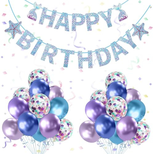 Yiran 23Stk Meerjungfrau Geburtstag Deko Mit Happy Birthday Girlande und 12 Zoll Luftballons Blau Lila Konfetti Latex Balloons für Party Mädchen Junge