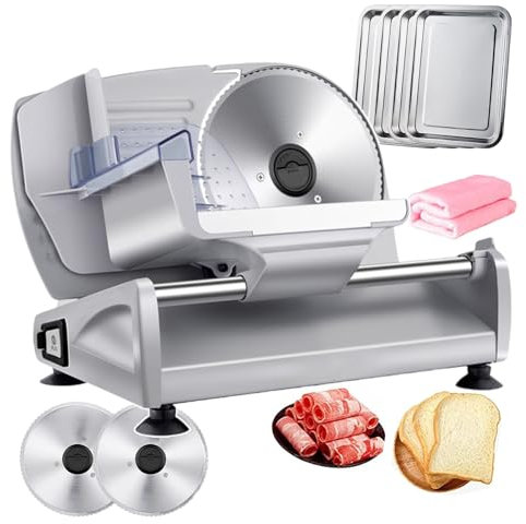 WOTZOV Máquina cortadora de Carne eléctrica, cortadora de Alimentos para fiambres, cortadora de Carne Comercial con 4 bandejas y 2 Cuchillas, cortadora de Carne de Acero Inoxidable, cort
